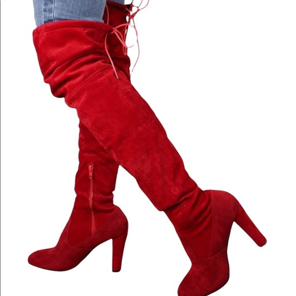 Unlisted Shoes Red Over The Knee Boots Faux Suede Leather Drawcord Side Zipper High Heel